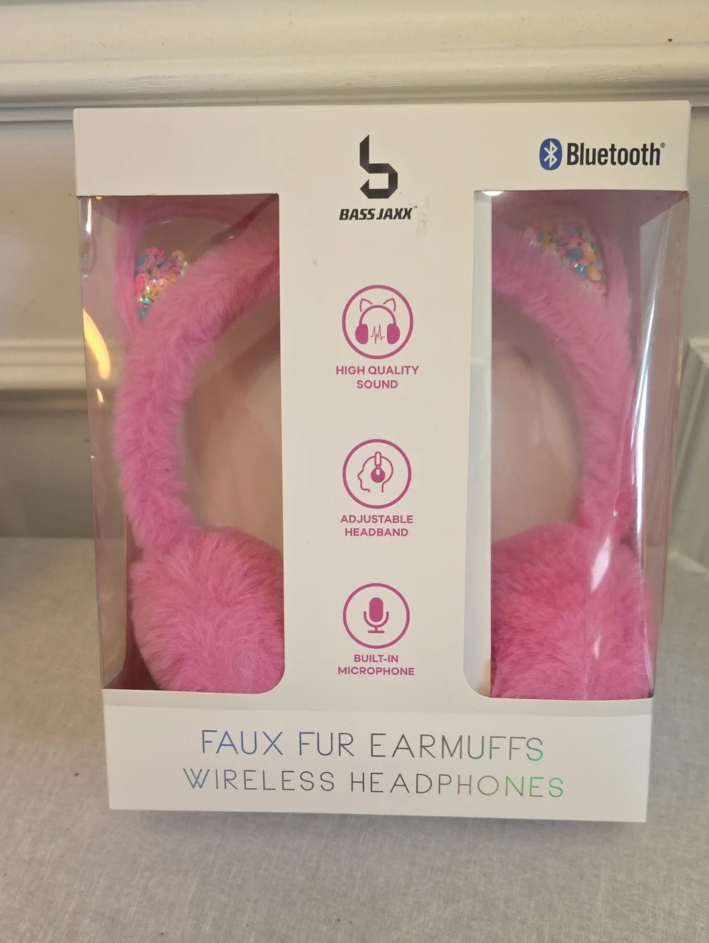 Pink Faux Fur Earmuffs Bluetooth Wireless Headphones with Microphone
